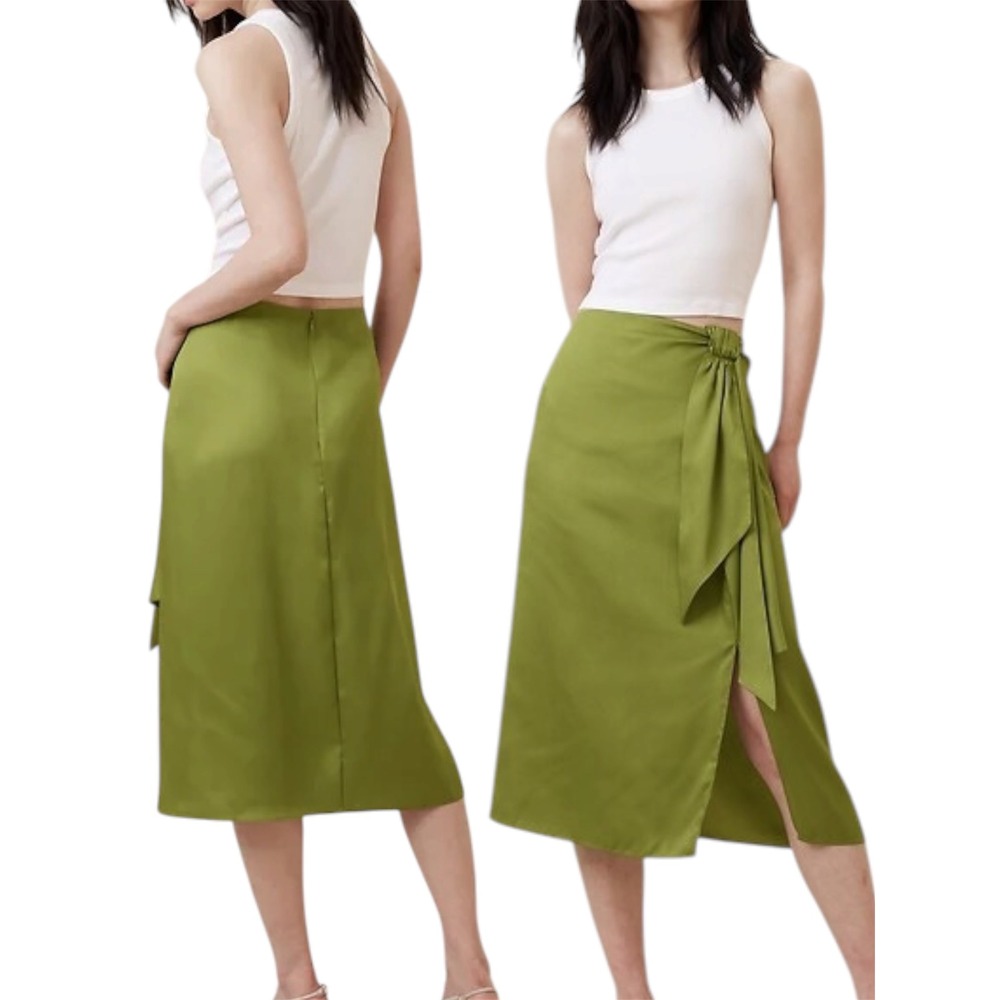 Banana Republic Green Satin Faux Wrap Midi Skirt Side Tie Slit Size 8